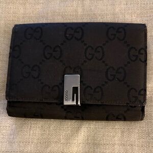 Vintage Gucci GG Canvas & Leather Long Flap Wallet. Brown/Black.